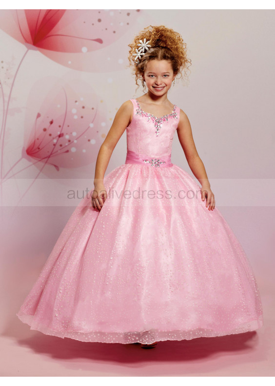 Beaded Queen Anne Neck Glittering Tulle Flower Girl Dress